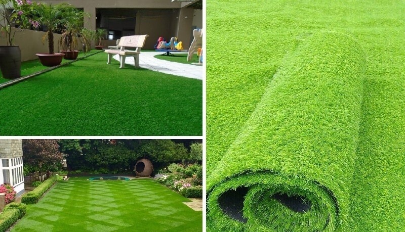Thảm cỏ nhân tạo xanh mát, bền bỉ, phù hợp trang trí trong nhà và ngoài trời.